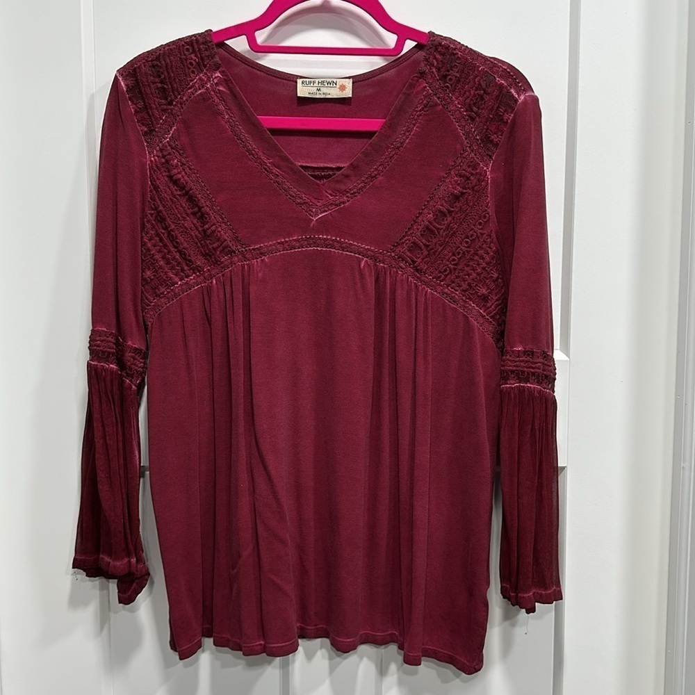 Ruff Hewn V-Neck Top With Sheer Bell Sleeves